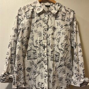 Talbots White Shirt with Black Floral & Birdcage Print